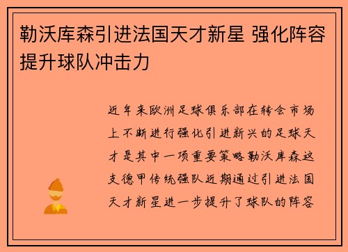 勒沃库森引进法国天才新星 强化阵容提升球队冲击力