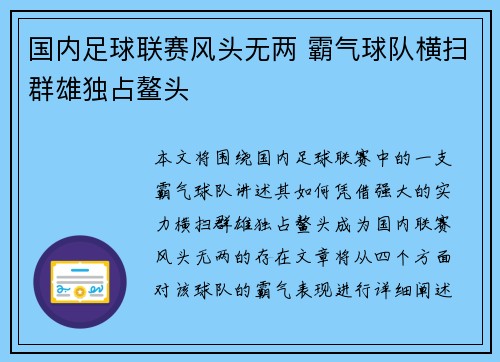 国内足球联赛风头无两 霸气球队横扫群雄独占鳌头