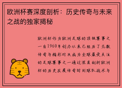 欧洲杯赛深度剖析:历史传奇与未来之战的独家揭秘 欧洲杯赛深度剖析:历史传奇与未来之战的独家揭秘