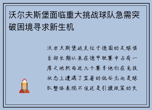 沃尔夫斯堡面临重大挑战球队急需突破困境寻求新生机