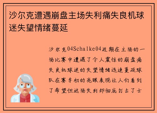 沙尔克遭遇崩盘主场失利痛失良机球迷失望情绪蔓延