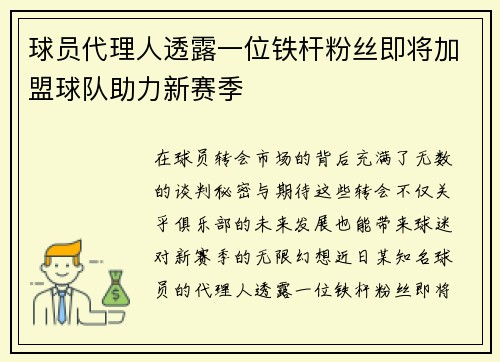 球员代理人透露一位铁杆粉丝即将加盟球队助力新赛季