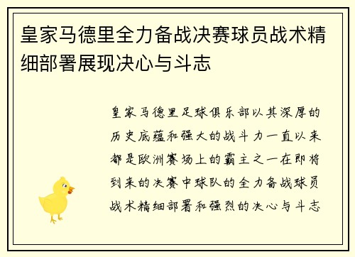 皇家马德里全力备战决赛球员战术精细部署展现决心与斗志